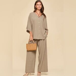 Relaxed V-Neck Button Front Wide Leg Pant Set - Taupe